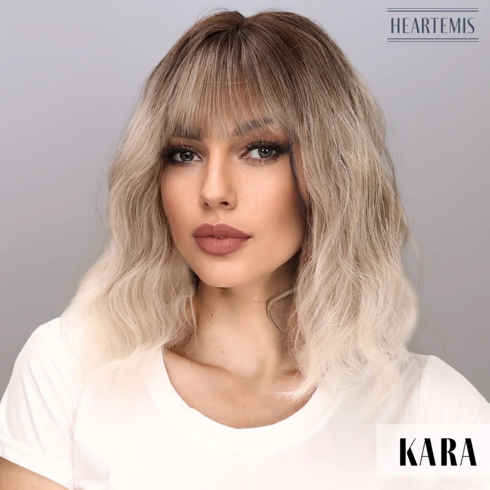 Heartemis 14-inch synthetic ombre gold curly wavy bob with bangs